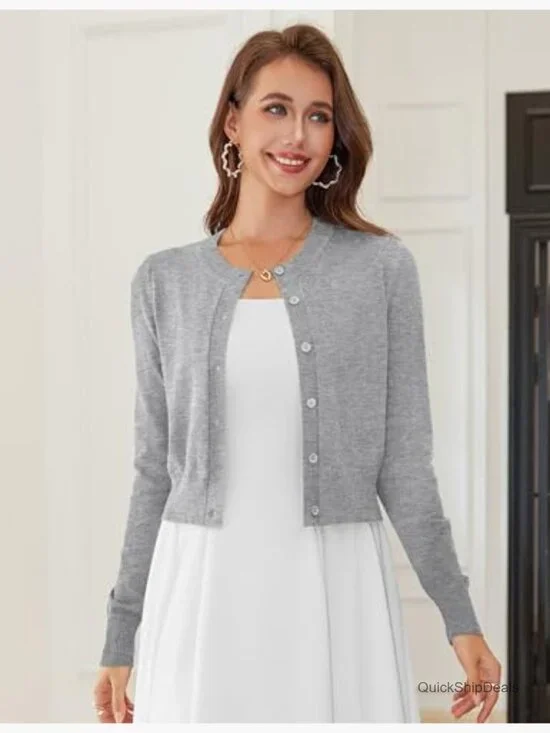 Cropped Cardigan Bolero Shrug, Button Down Long Sleeve Knit Sweater - Picture 5 of 7